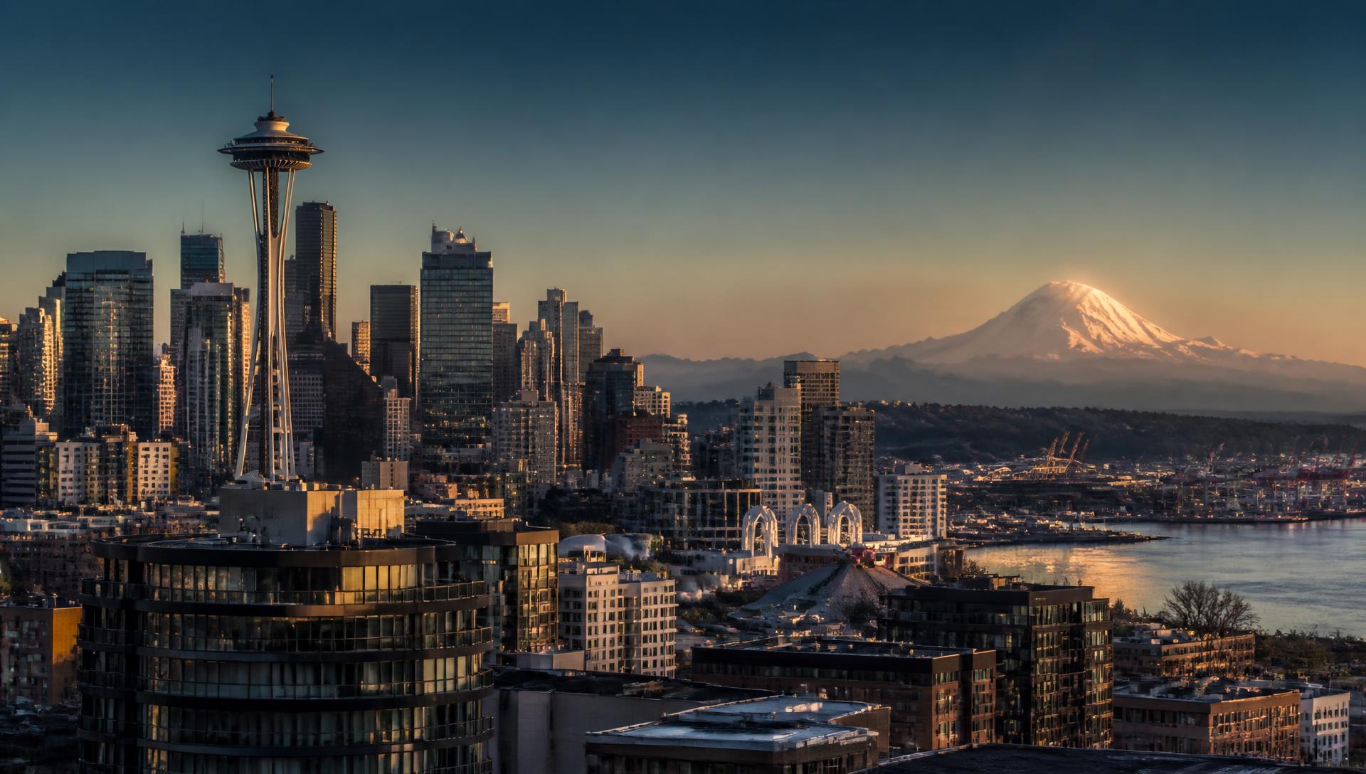 Seattle skyline at golden hour with Mount Rainier in the distance